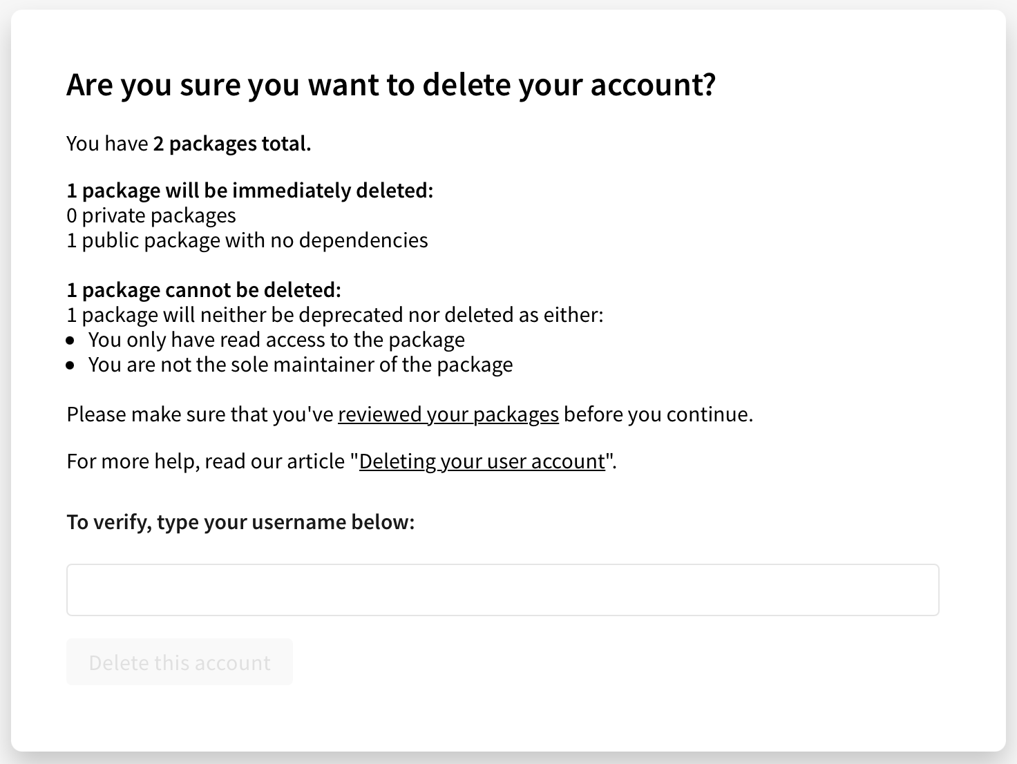 Screenshot of the confirmation screen to delete an account.