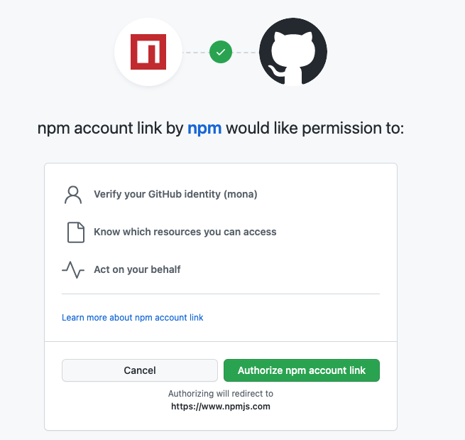 Landing page to authorize the installation of the npm account linking app