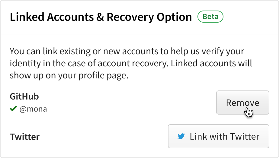 Screenshot of linking from Account Setting with a cursor hovering over remove button