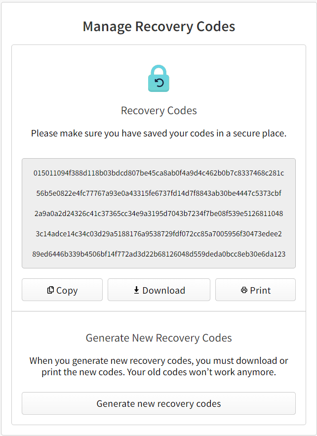 Screenshot showing existing recovery codes and a button to generate set of recovery codes