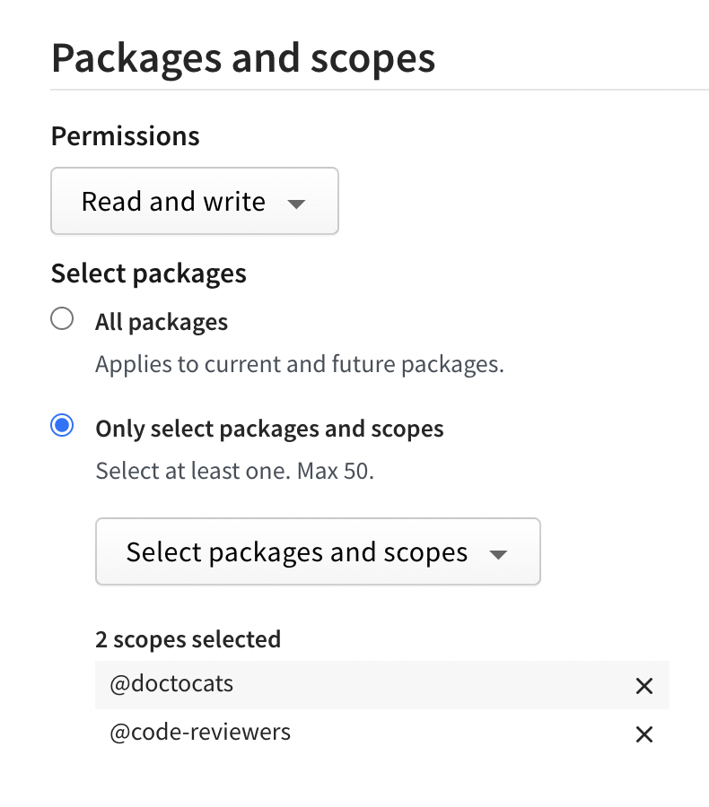 Screenshot of the packages and scopes section